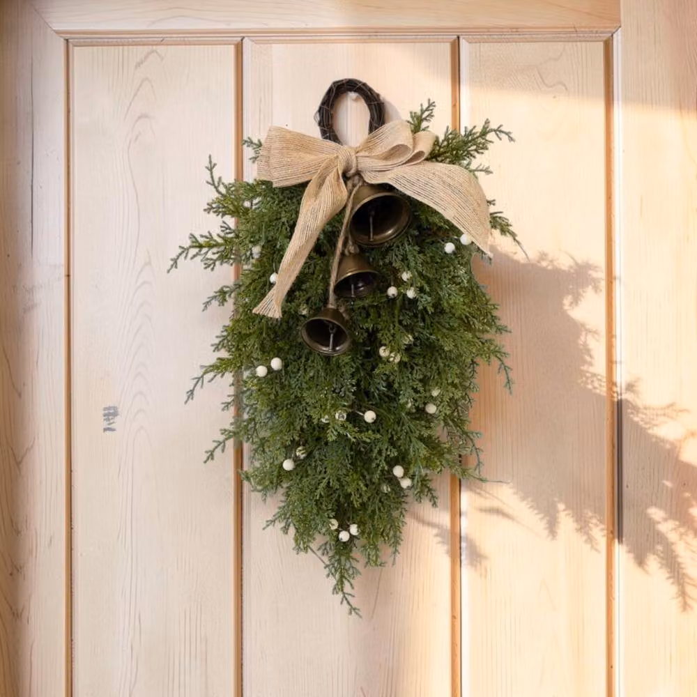 Four Candle Green Teardrop Christmas Swag with White Berries, Bells and Bow – 2