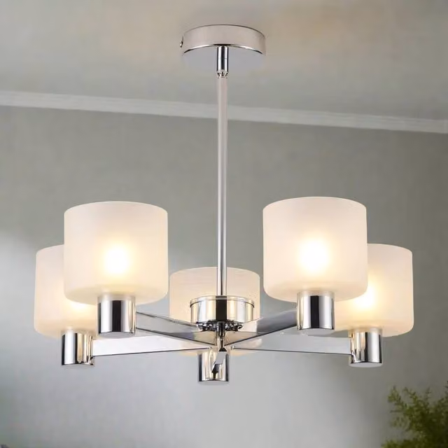 Harper Living Modern 5 Light Chrome Semi Flush Ceiling Lamp with White Glass Shades in Silver