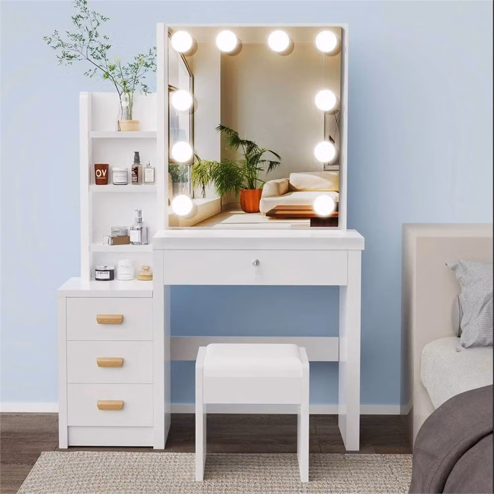 NESTLUNE Hollywood LED Vanity Dressing Table Set with Mirror, Drawers and Stool in White – 3
