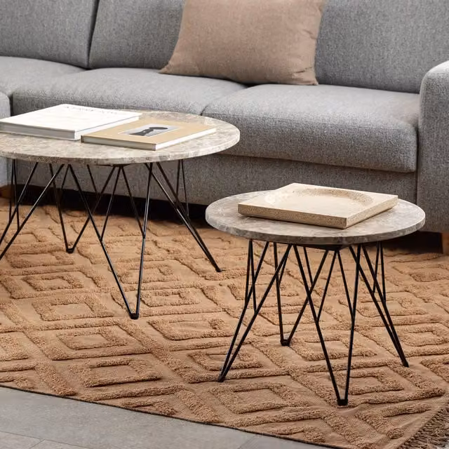 Furniture To Go Prunus Round Side Table in Grey Marble and Black Coated Steel, W: 55 cm, D: 41.4 cm