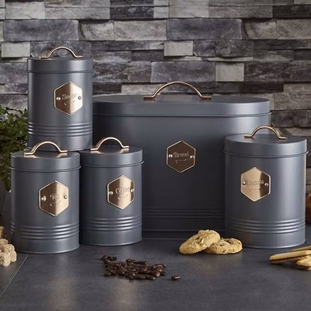Neo 5 Piece Kitchen Canister Set in Matt Grey and Copper