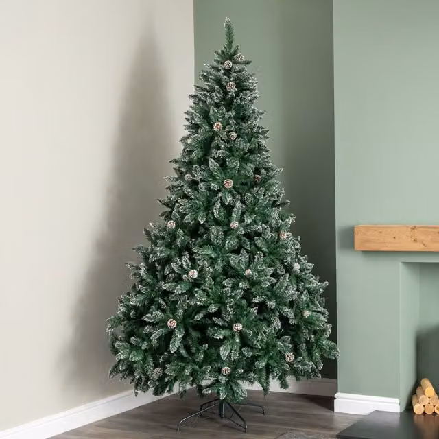 Premier 2.4m Rocky Mountain Pine Green Artificial Christmas Tree with Snow Tips and Pine Cones