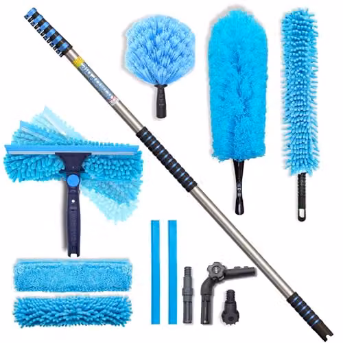 IGAD 24ft All-in-One Window Washing and Dusting Kit in Blue with Telescopic Handle, Pivot Squeegee, Microfibre Cloths, Cobweb Duster and Ceiling Fan Duster – 1