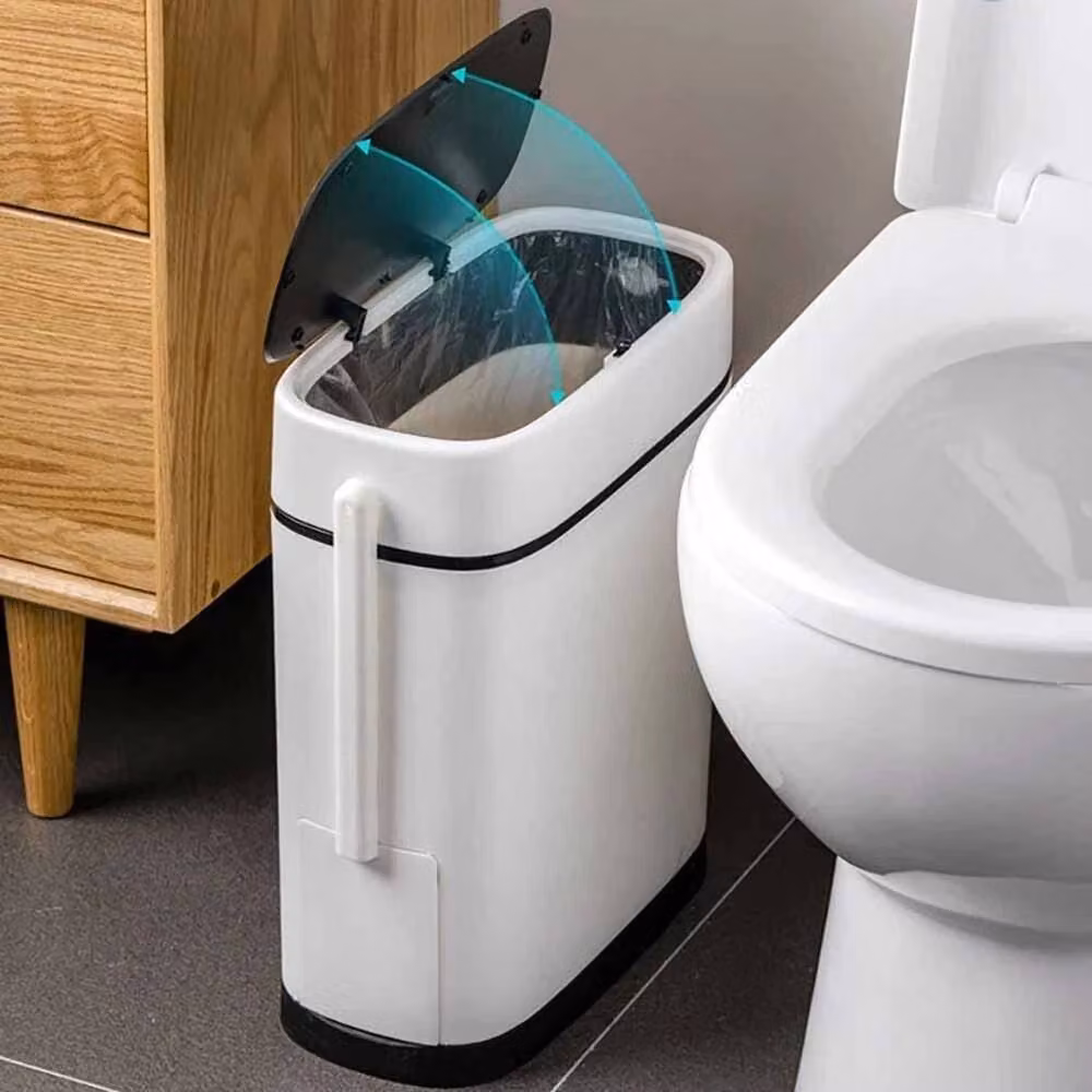 PAWNORA Narrow Plastic Waste Bin with Lid, White – 5