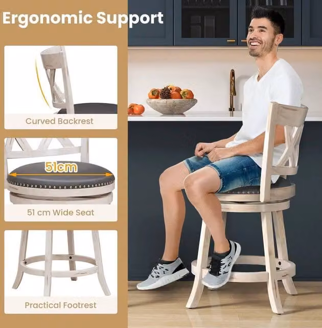 NESTLUNE 2-Pack Grey 360 Degree Swivelling Counter Height Bar Stools with Synthetic Leather Upholstery