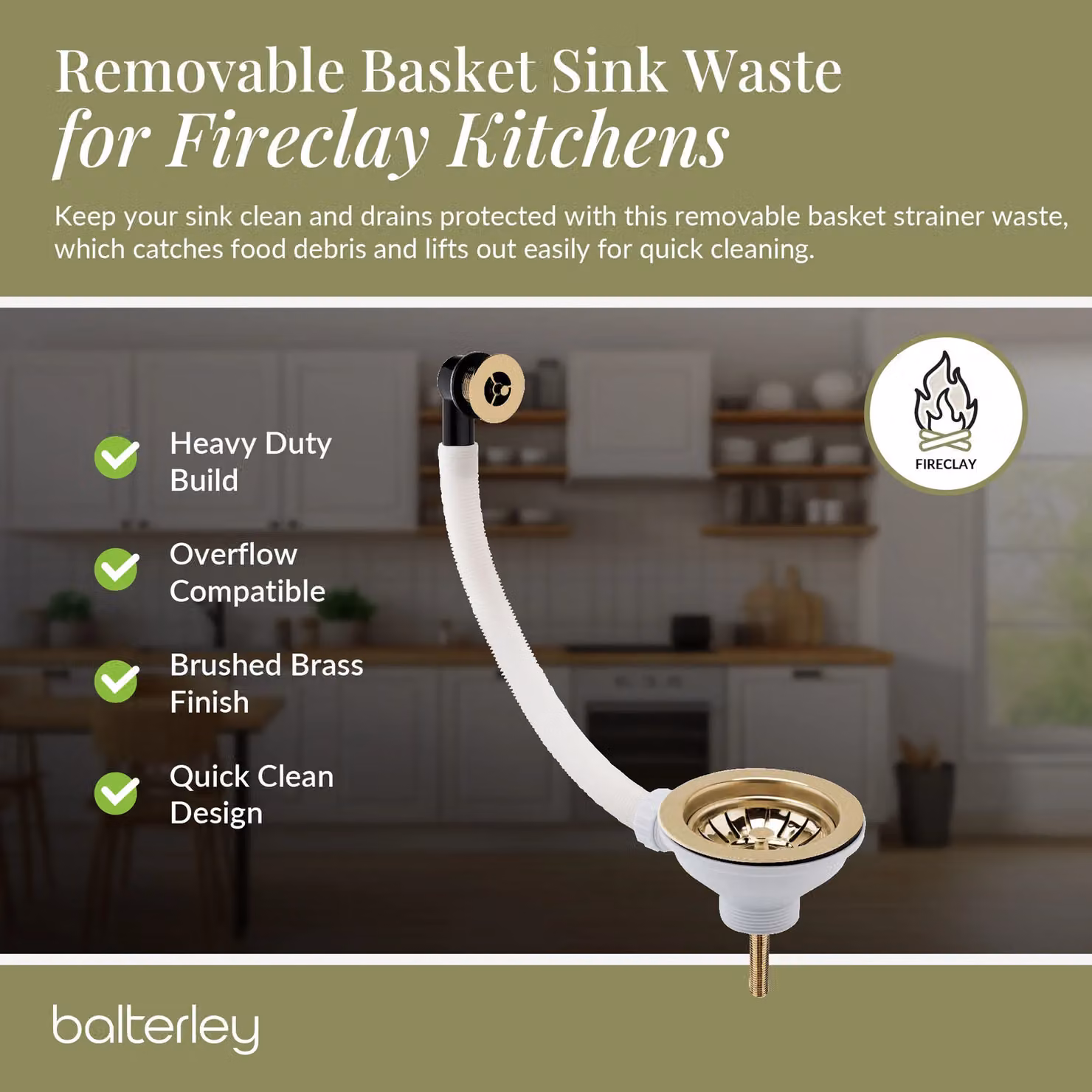 Balterley Brushed Brass Fireclay Kitchen Sink Basket Strainer Waste with Overflow, 90mm – 3