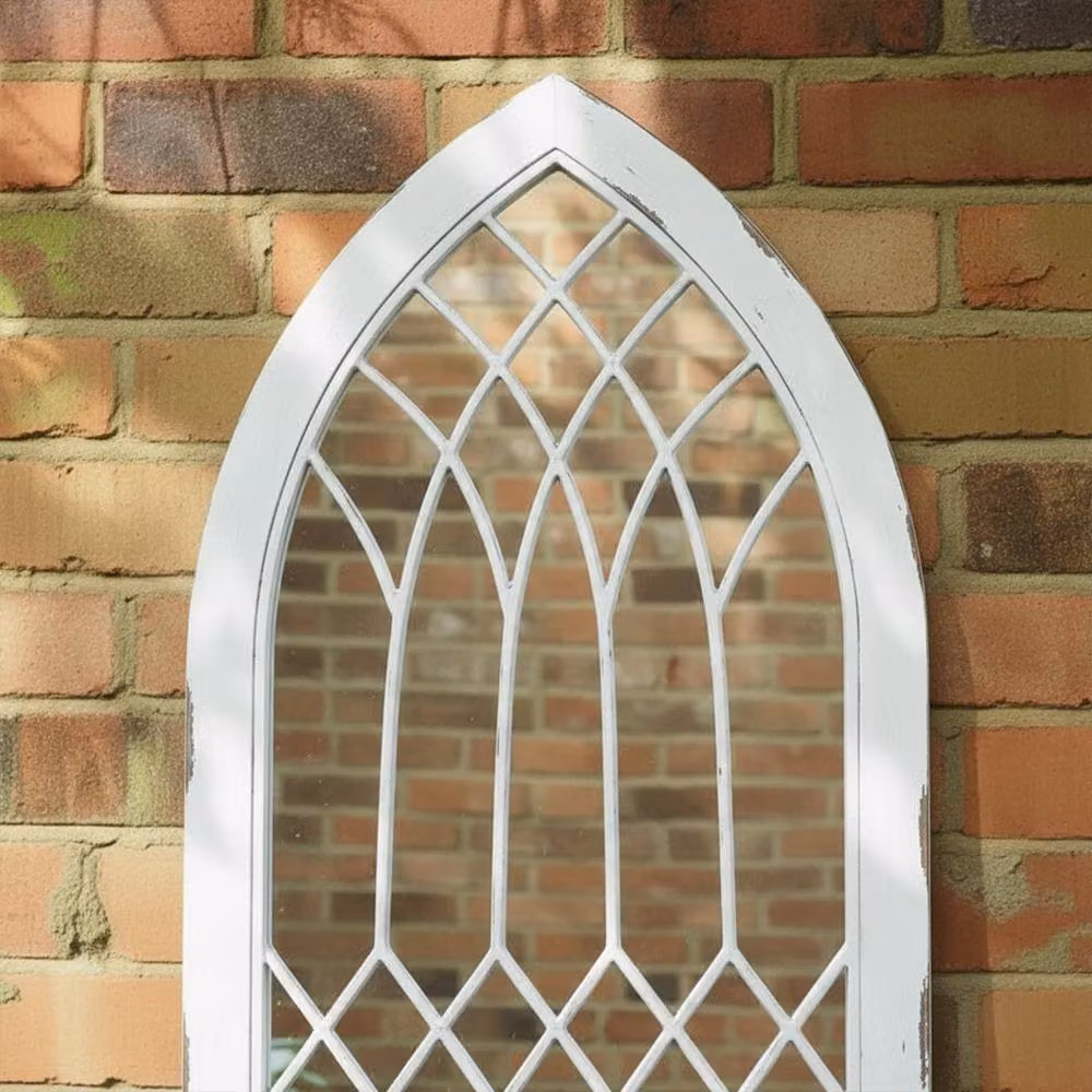 Melody Maison Arched White Distressed Chapel Fretwork Garden Wall Mirror W: 47 cm, H: 142 cm – 2