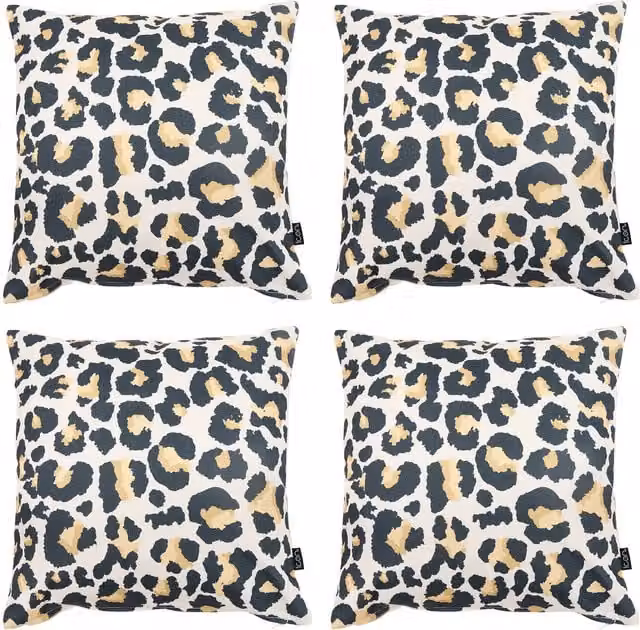 ICON Set of 4 Leopard Print Square Outdoor Fabric Cushions in Yellow and Beige