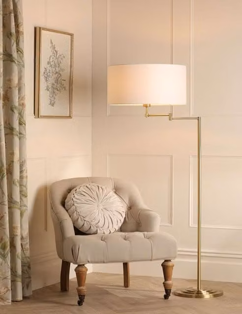 Laura Ashley Marlowe Art Deco Adjustable Floor Lamp in Gold/Brass with White Fabric Shade