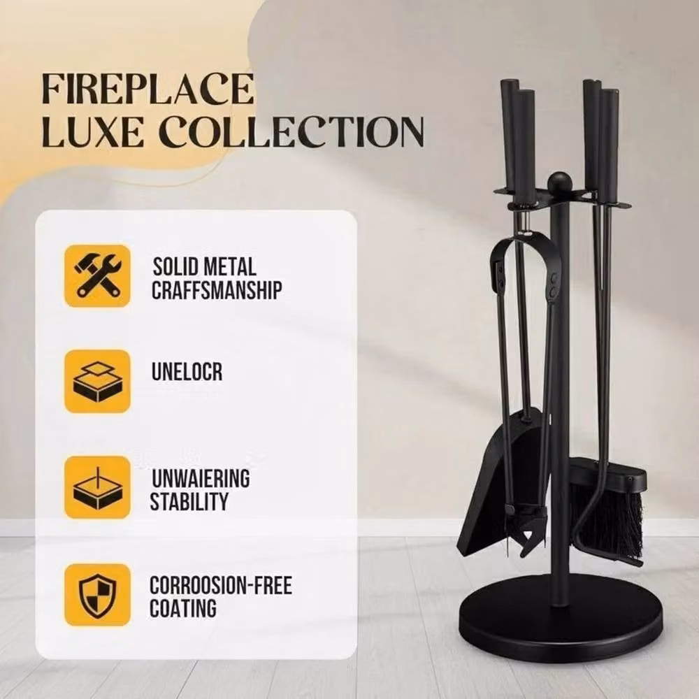 VOGREX 5-Piece Black Cast Iron Fireplace Tool Set with Stand – 3