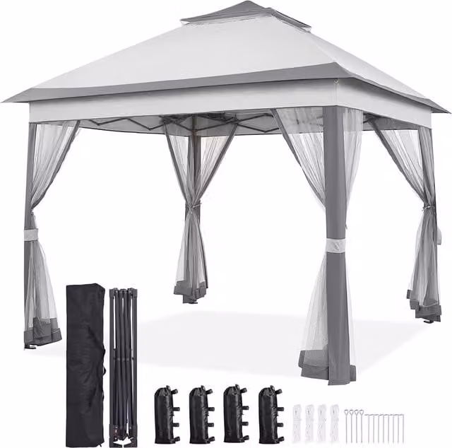 Yaheetech Pop Up Gazebo with 4 Mesh Sidewalls in Grey and White, W: 330 cm, D: 330 cm, H: 271 cm