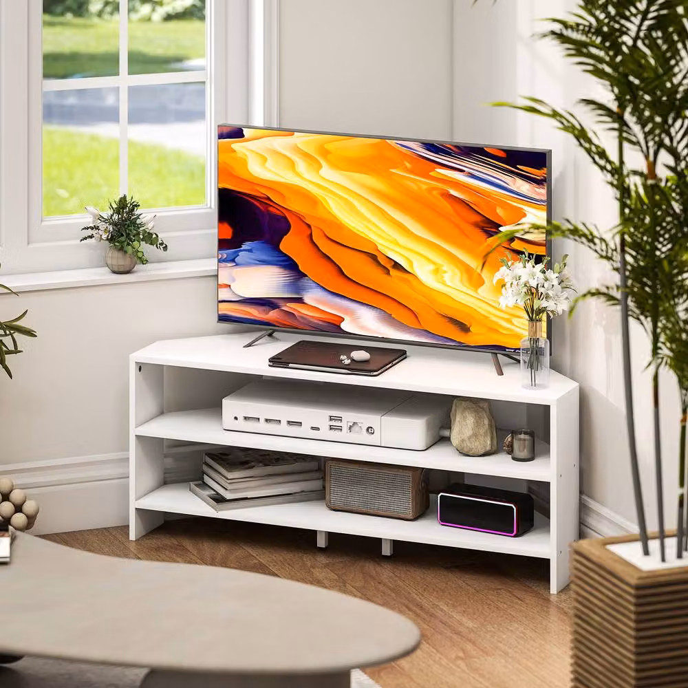 STILVORA Modern White Corner TV Stand with 2 Shelves for up to 47 Inch TVs – 2