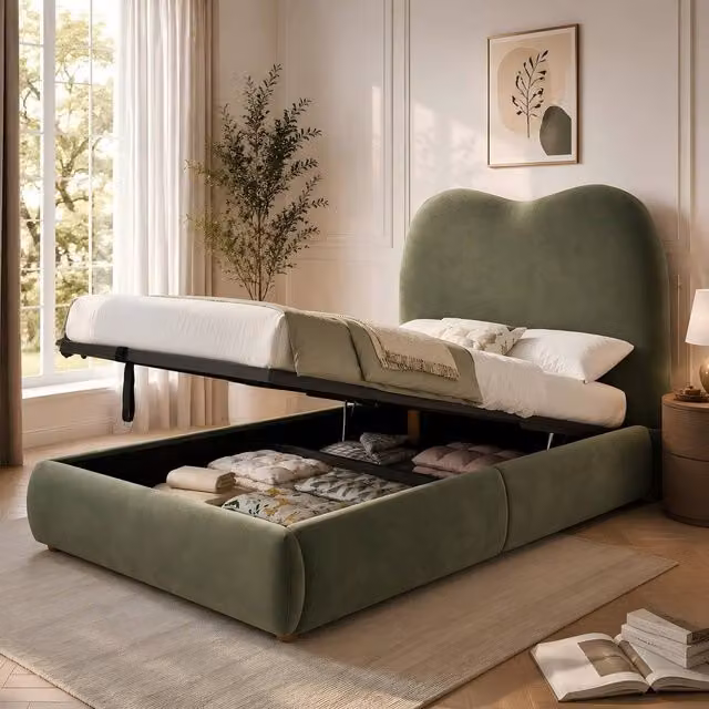 ModernLuxe Kids Single Ottoman Bed with Hydraulic Storage and Headboard in Green Velvet Fabric, W/D/H: 90 x 190 cm – 1
