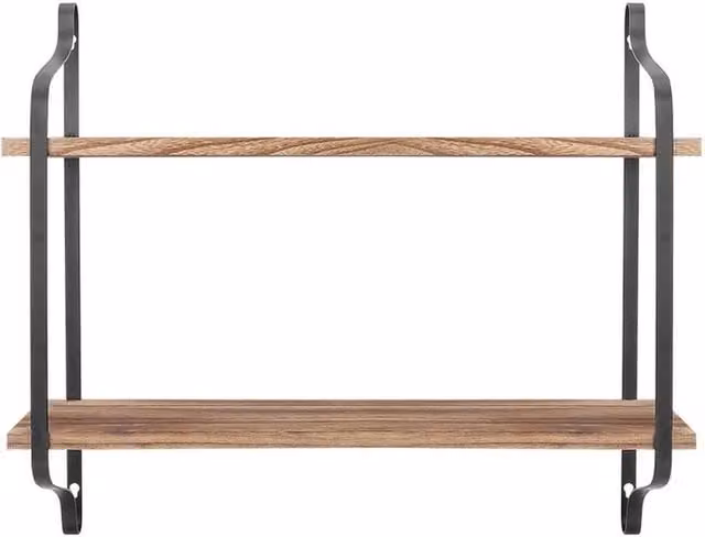 KORVIXA 2 Tier Wall Mounted Shabby Chic Pine Shelving in Brown and Black, Width: 90 cm