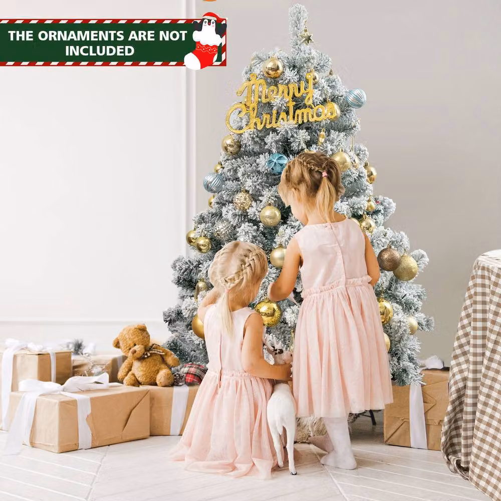 Gymax Pre-Lit Flocked Artificial Christmas Tree in White, Height: 137 cm – 2