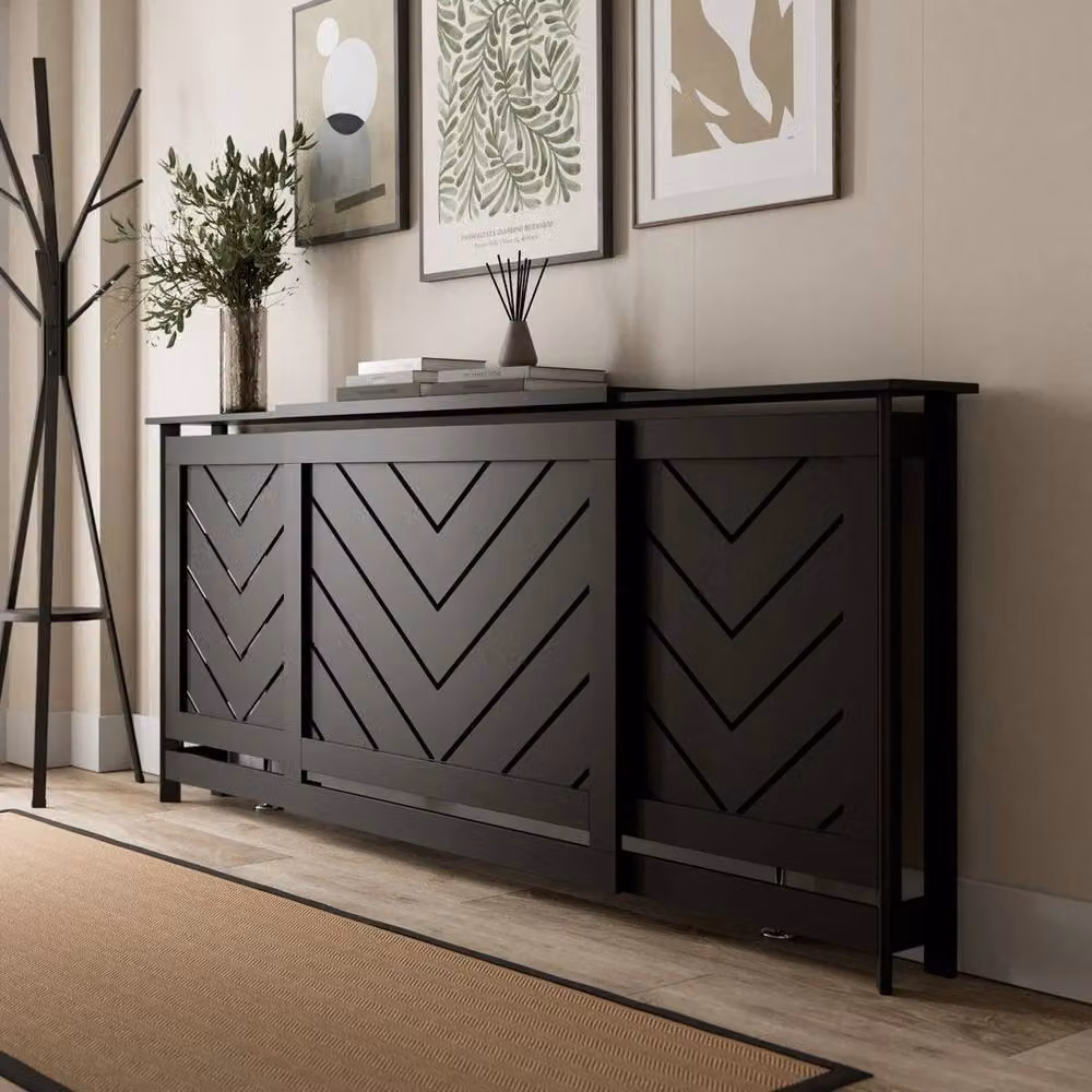 FORGEVIO Black Modern Chevron Slat Radiator Cover MDF Cabinet with Internal Shelves – 3