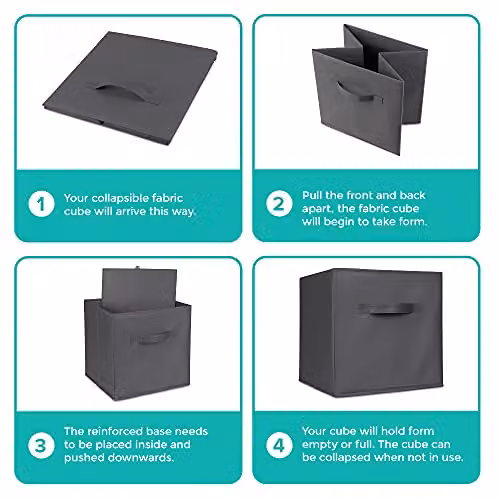LIVIVO Set of 6 Foldable Storage Cube Boxes in Grey with Fabric Handles – 8
