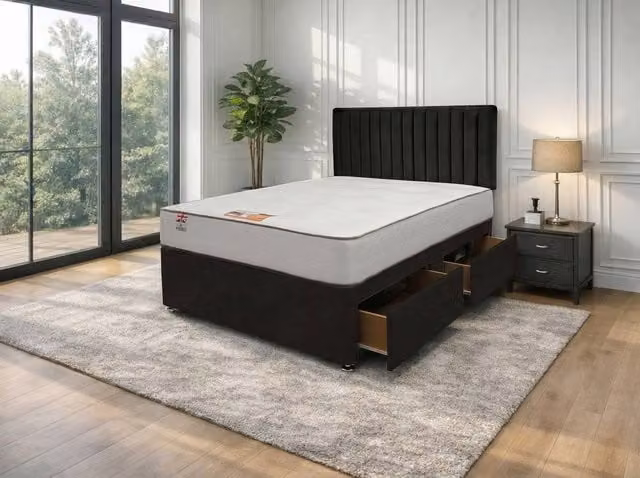 Knight Sleep Emily Naples Bed Set with Hybrid Mattress and 2 Drawers in Black, Small Single