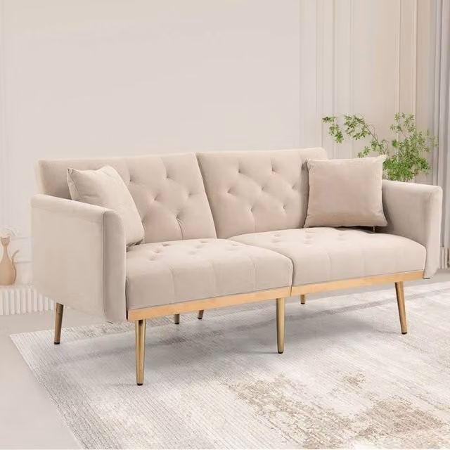 Direct Wicker Modern Beige Velvet Fabric 2-Seater Click-Clack Sofa with Sleeping Function and Adjustable Headrest