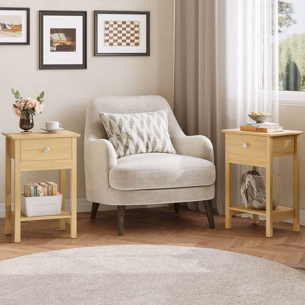 Rolipo Oak Wooden Bedside Table with Shelf and Drawer in Light Oak – 2