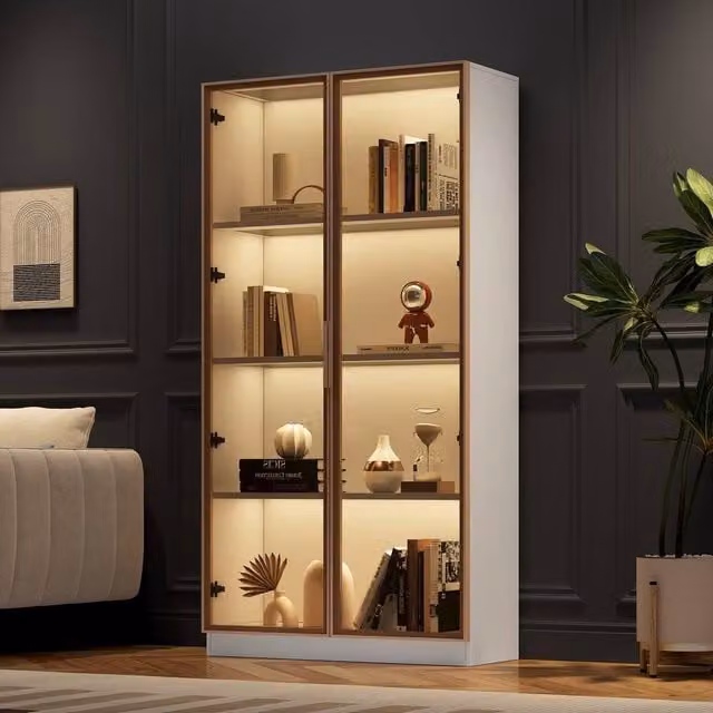 ModernLuxe White Glossy LED Display Cabinet with Tempered Glass Doors and Internal Shelves, H: 160 cm, W: 80 cm, D: 40 cm – 1