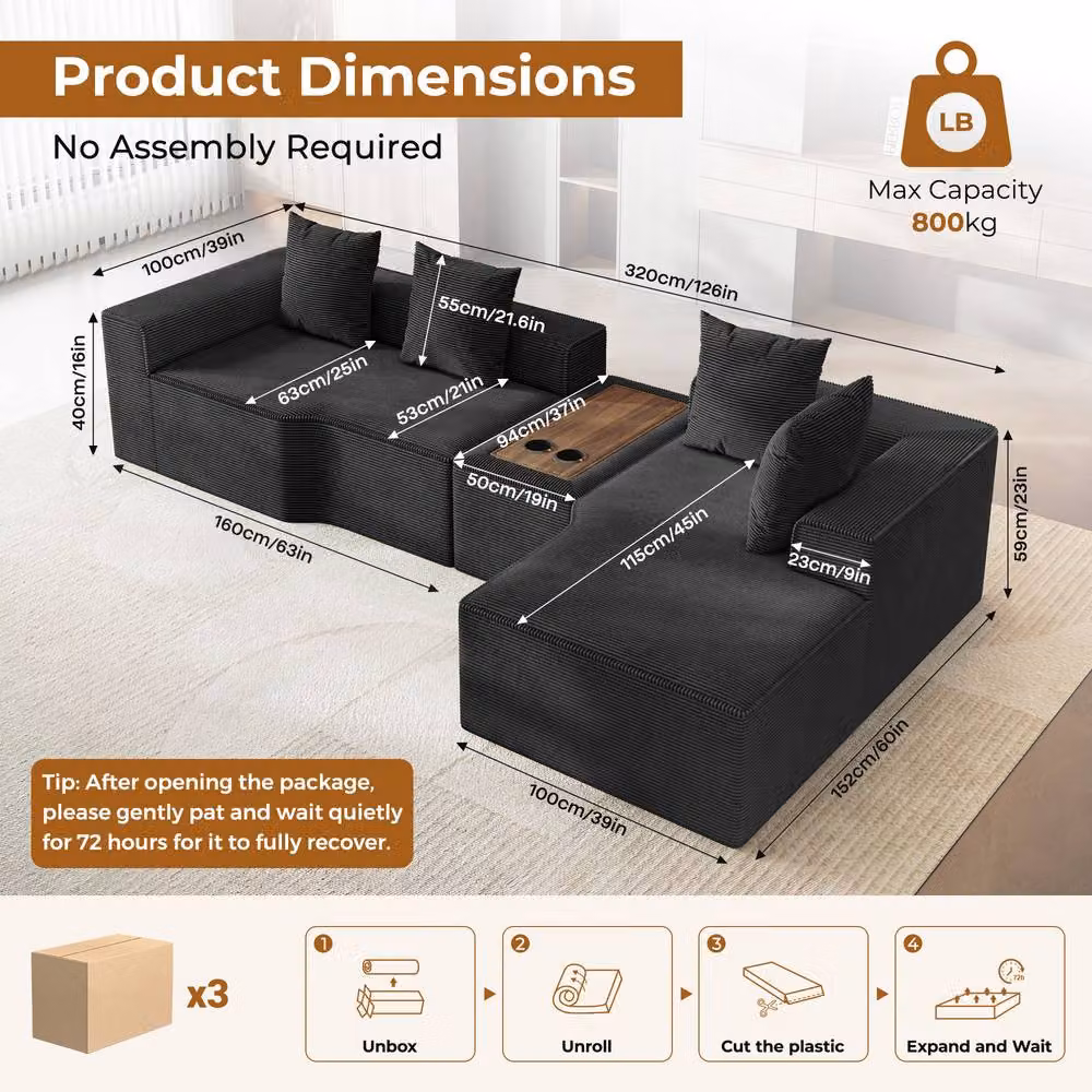 Dprodo Black Corduroy Right L-Shaped Modular Sofa with Cup Holder Table and Scatter Cushions, Width: 320 cm – 4