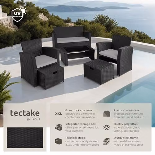 tectake Rattan Garden Furniture Set in Black and Grey with 2-Seater Sofa, Coffee Table, Armchairs, and Ottoman with Upholstered Cushions – 2