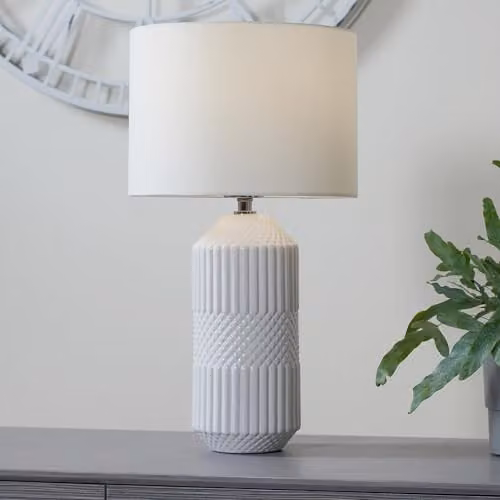 Pacific Lifestyle Geometric Textured Ceramic Table Lamp in Grey and White with White Fabric Drum Shade – 2