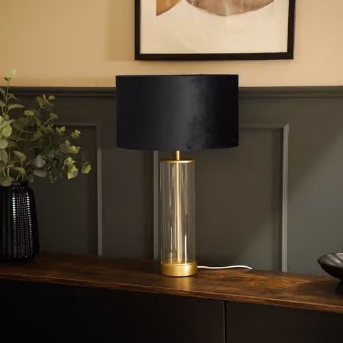ValueLights Balan Glass and Gold Metal Table Lamp with Black Fabric Drum Shade – 2