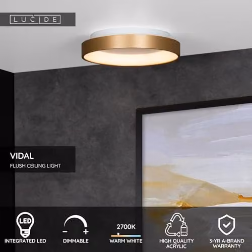 Lucide Vidal Flush Ceiling Light, Gold/Brass, Diameter: 28 cm, Dimmable LED, 20W Warm White – 2