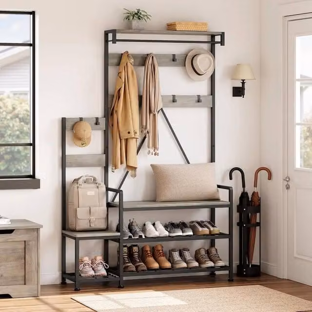 VOGREX Industrial Hall Tree with Bench and Shoe Storage in Brown