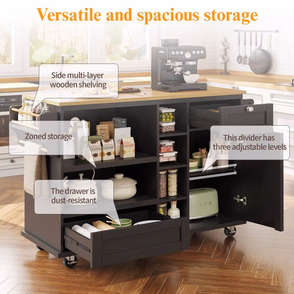 Rolipo Mobile Kitchen Island Trolley with Wood Top and Storage in Black and Brown – 3