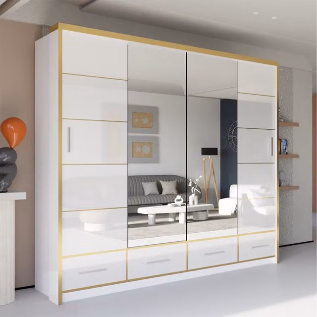 Sliding Wardrobes 4 u Heaven White High Gloss Mirror Sliding Door Wardrobes, Width: 203 cm