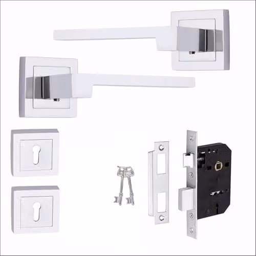 Golden Grace Zeta Key Lock Door Handle Set in Silver Polished Chrome
