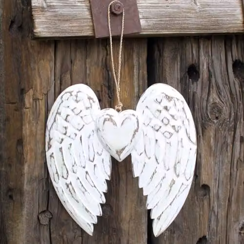KDMD Handcrafted Double Angel Wing and Heart Wall Decoration in White Wood, Height: 24 cm – 2