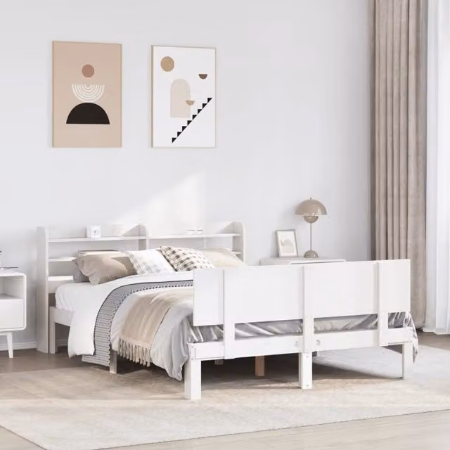 Berkfield Home White Rustic Pine Bed Frame with Headboard and Side Compartments, W/D/H: 140 x 200 cm – 1