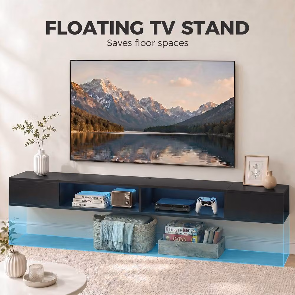 STILVORA Modern Wall Mounted TV Stand with RGB LED Lights in Matt Black – 4