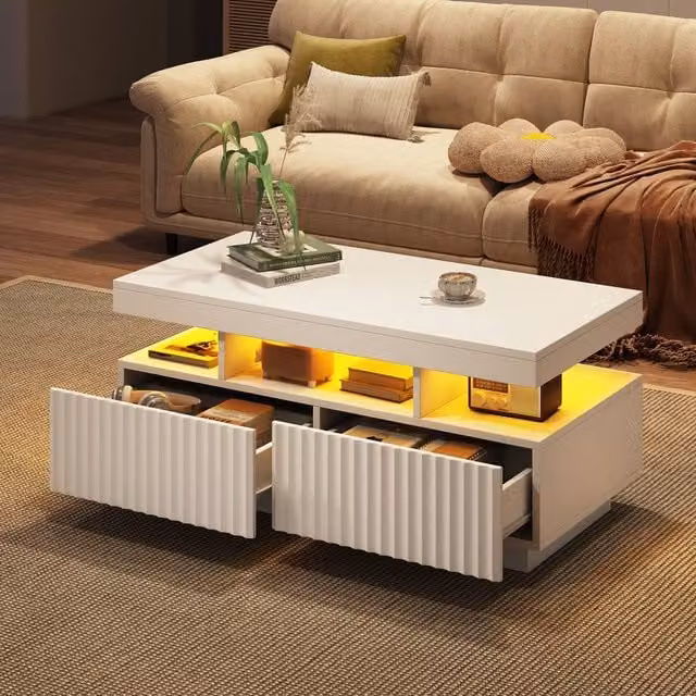 Merax White Modern LED Coffee Table with Fluted Drawers and Open Shelf W/D/H: 120 x 60 x 45 cm – 1