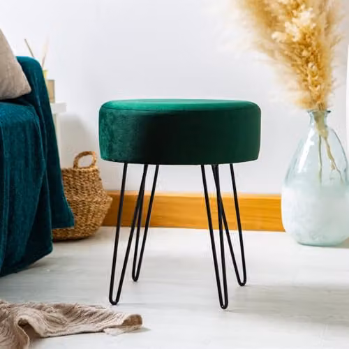 Harbour Housewares Round Velvet Footstool in Green with Black Legs, H41 x D45 x W41 cm – 2
