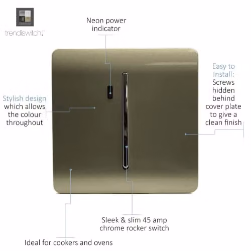 Trendi Switch Modern Decorative Glossy Double Pole 45 A Cooker Switch Control Unit with Neon Indicator in Gold – 3