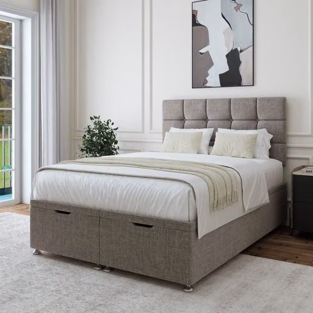 Bedmaster Linen Ottoman Divan Base and Square Headboard in Grey, W/D/H: 140 x 200 cm