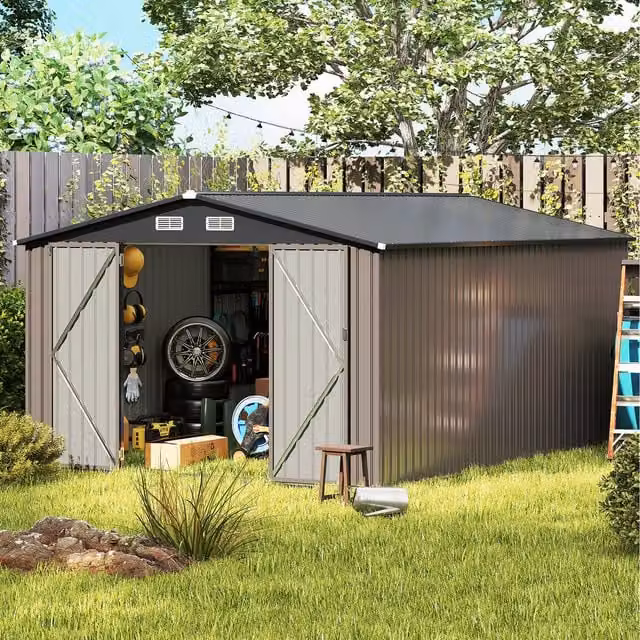 COSTWAY Grey Metal Outdoor Garden Storage Shed with Hip Roof