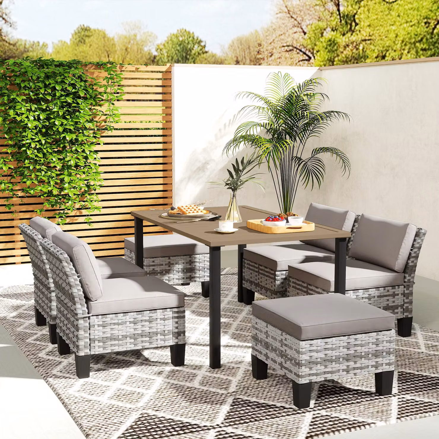 Outsunny 7-Piece Grey Polyrattan Garden Dining Set with Metal Frame and Cushions – 7