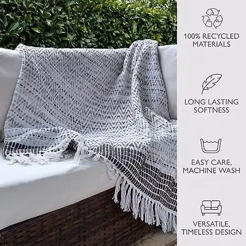 Allure Home Fashions Grey Herringbone Chevron Throw Blanket with Tasseled Fringes, W: 125 cm, D: 150 cm – 3