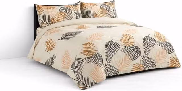 Homes-Linen 4 Piece Microfibre Complete Bedding Set with Soft Leaf Floral Design in Beige, Double Size (140 x 200 cm)