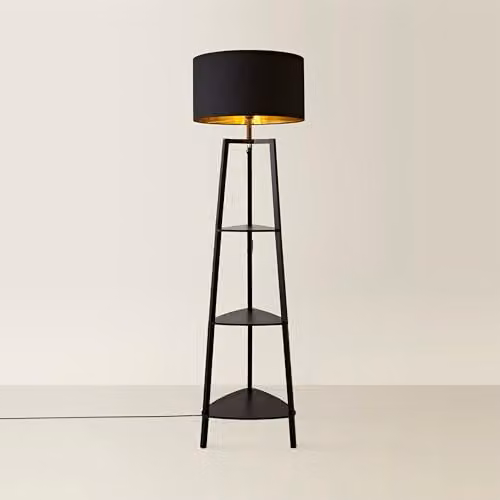 ValueLights Hiru Black 3 Tier Wooden Shelf Floor Lamp with Black and Gold Shade, H 155 x W 45 x D 45 cm