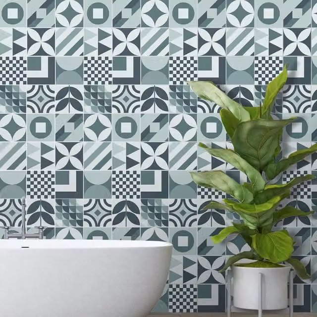 Walplus Adhesive Geometric Wall Tile Stickers in Blue and Grey, 24 Pack, W: 15 cm, H: 15 cm