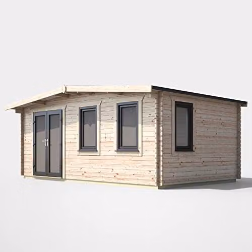 Powersheds Premium Apex Chalet Log Cabin in Natural Brown with Double Doors, EPDM Rubber Roofing and Toughened Glass Windows (Left Orientation Door)