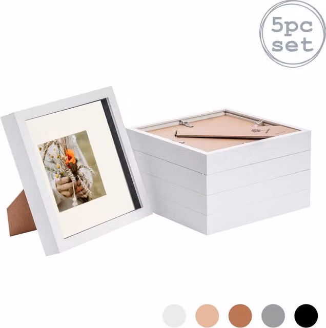 Nicola Spring Pack of 5 Single Square 3D Box Photo Frames in White and Yellow, W/H: 20.32 x 20.32 cm