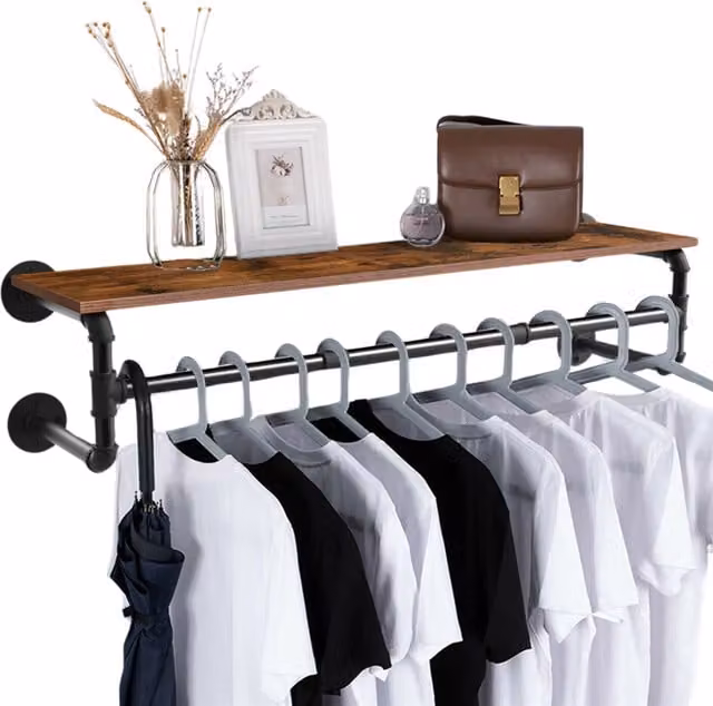 Furnold Industrial Heavy Duty Pipe Wall-Mounted Floating Shelf with Hanging Rail in Brown and Black